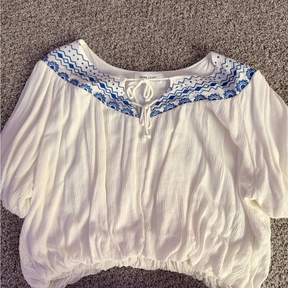 Dear John White Blouse with Blue Embroidery